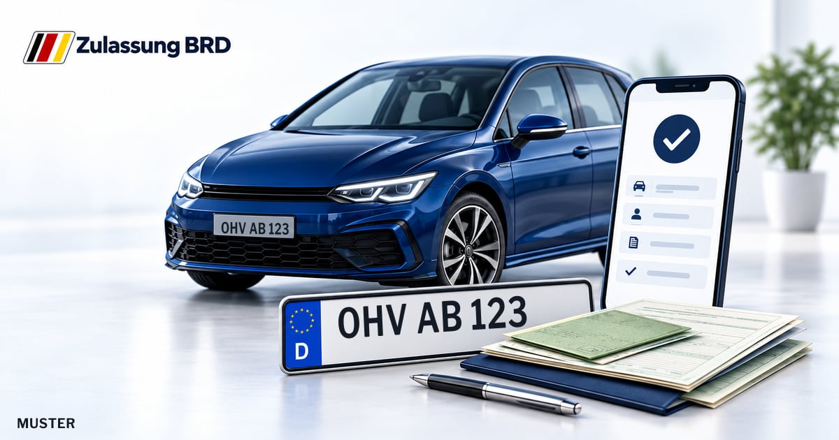Online Fahrzeugzulassung in Hennigsdorf: Musterkennzeichen OHV AB 123, Auto und Fahrzeugpapiere und Smartphone. Illustration mit Logo von Zulassung BRD.